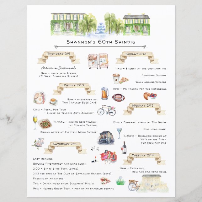 Papier Itinéraire du week-end de bachelorette | Savannah, (Devant)