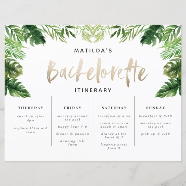 Papier itinéraire du week-end tropical de la Bachelorette (Devant)
