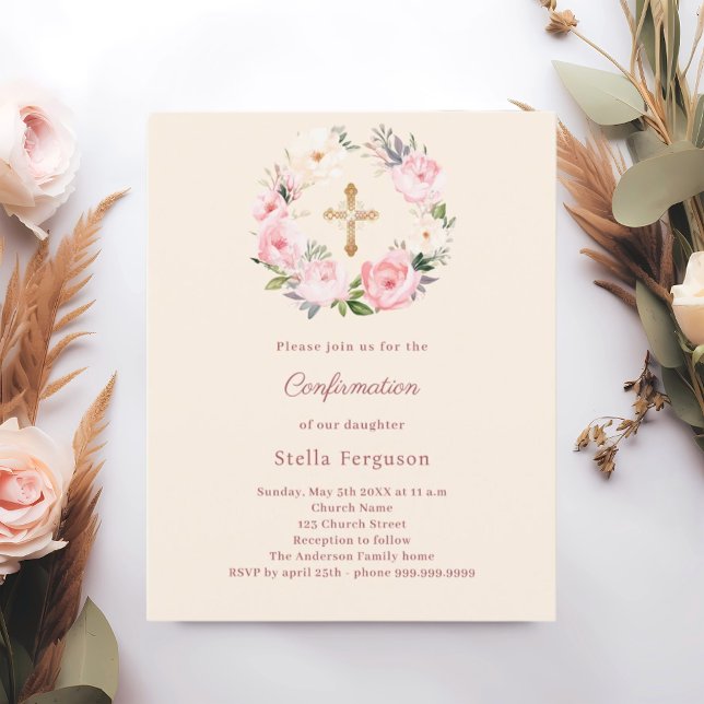 Papier Ivory blush florals cross Confirmation invitation (Créateur téléchargé)