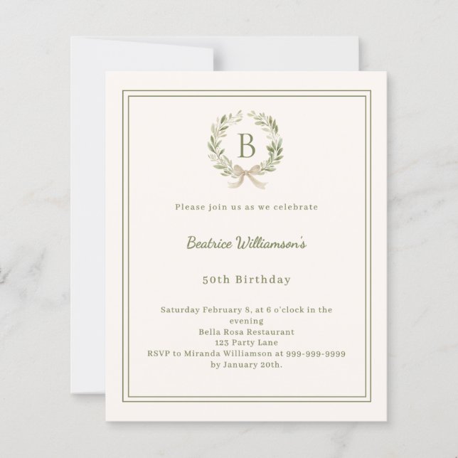 Papier Ivory greenery wreath monogram Birthday invitation (Devant)