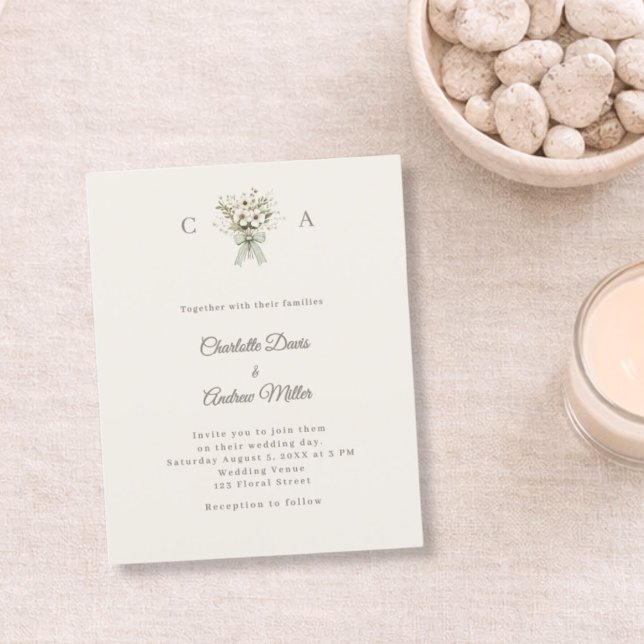 Papier Ivory monogrammed floral green wedding invitation (Créateur téléchargé)