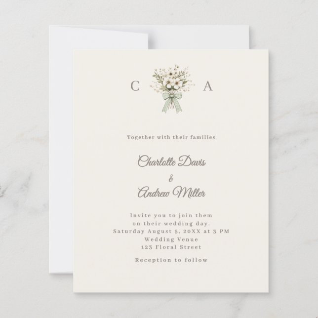 Papier Ivory monogrammed floral green wedding invitation (Devant)