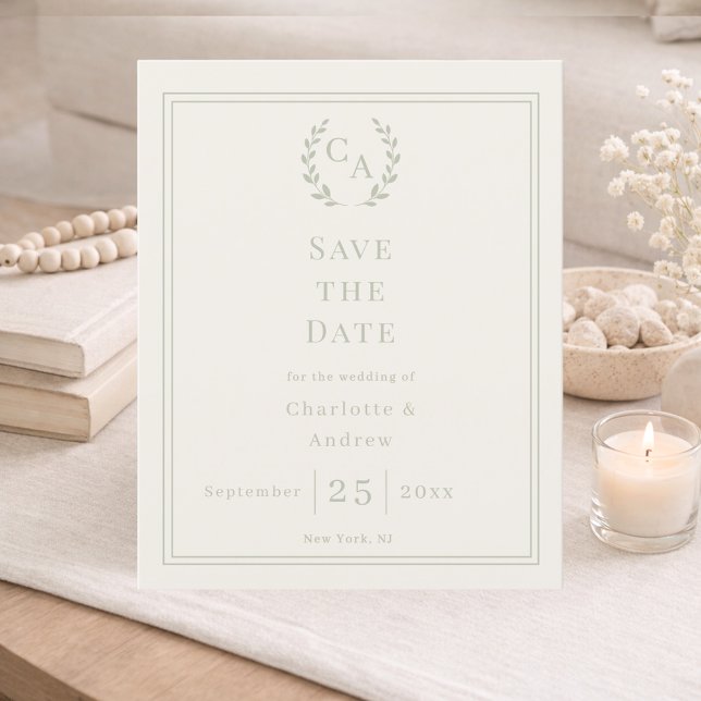 Papier Ivory sage green monogram wedding Save the Date (Créateur téléchargé)
