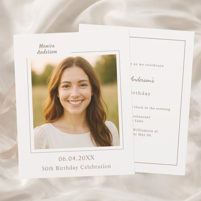 Papier Ivory taupe photo birthday invitation (Créateur téléchargé)