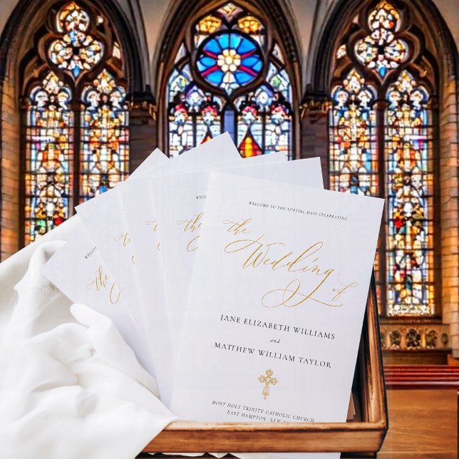 Papier Jane Gold Full Mass Catholic Wedding Program (Simple Catholic wedding program for full mass with  elegant gold, calligraphy script and cross)