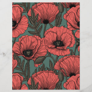 Papier Jardin de coquelicot dans le corail, brun et vert