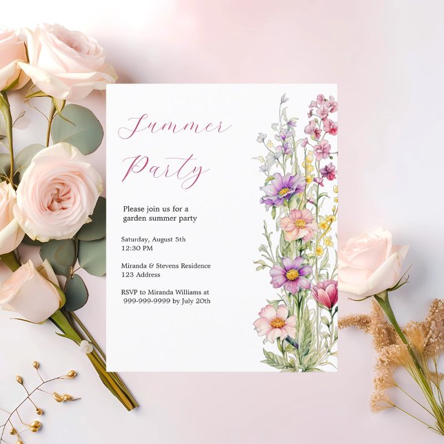 Papier Jardin de fête d'été fleurs rose violet invitation (Créateur téléchargé)