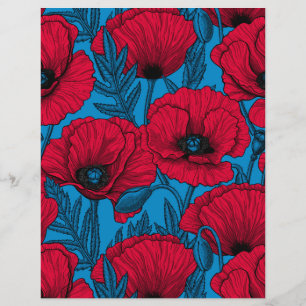 Papier Jardin de pavot rouge sur bleu