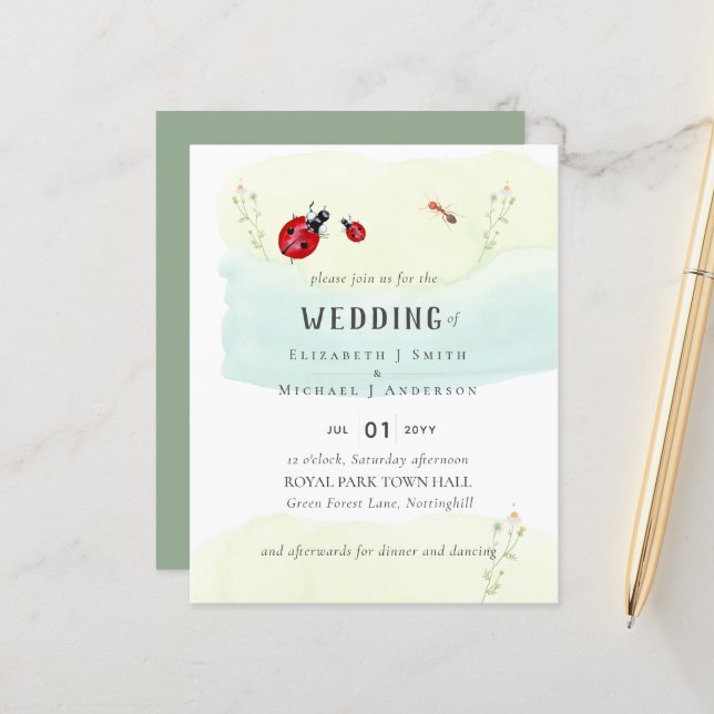 Papier Jardin des insectes Joli Faire-part de mariage aqu (Devant/Arrière en situation)