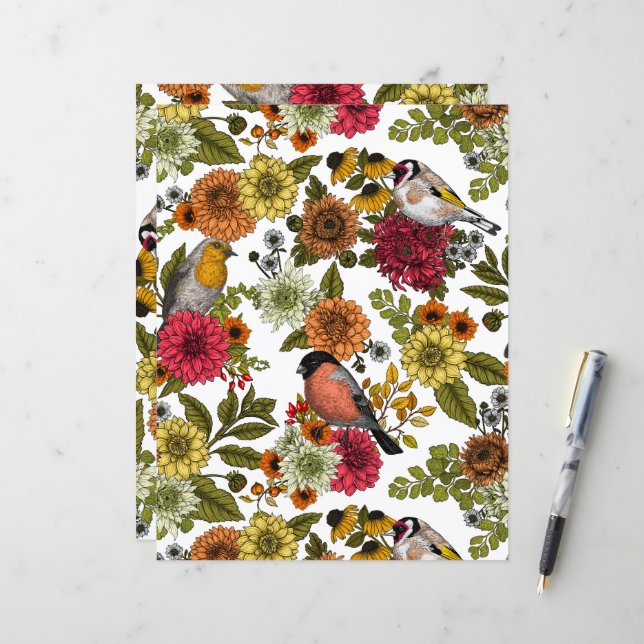 Papier Jardin d'oiseaux et de fleurs 1 (Devant/Arrière en situation)