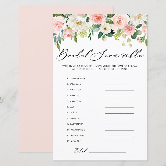 Papier Jardin Fleurs Word Scramble Fête des mariées Jeu (Devant / Derrière)