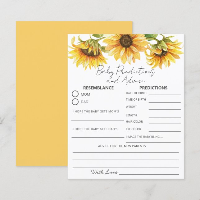 Papier Jardin jaune tournesol Floral Baby Prédictions & (Devant / Derrière)