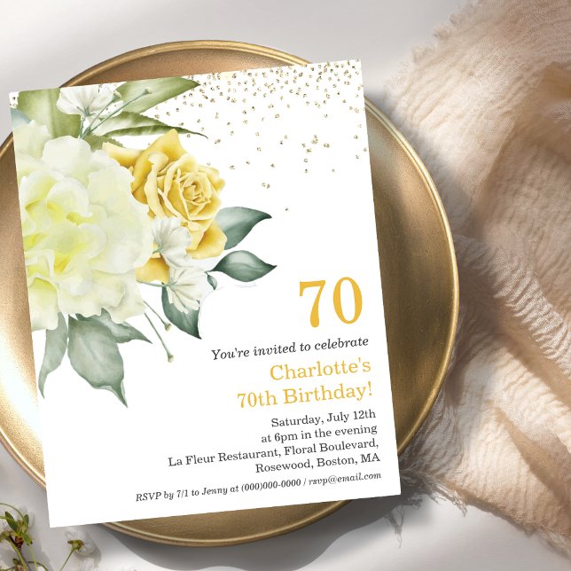 Papier Jaune Floral 70e Budget Invitation Anniversaire (Créateur téléchargé)