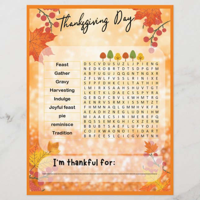 Papier Je Suis Heureux Thanksgiving Day Word Search Jeu (Devant)