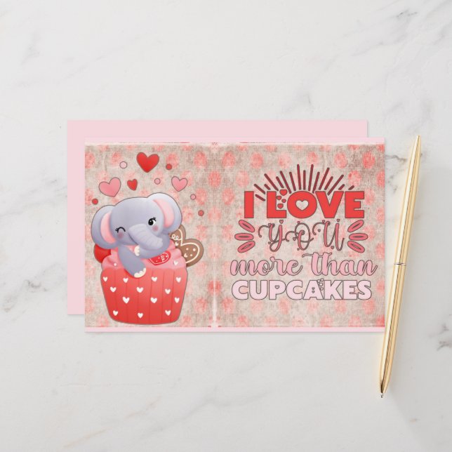 Papier Je T'Aime Plus Que Des Cupcakes Elephant Valentine (Devant/Arrière en situation)