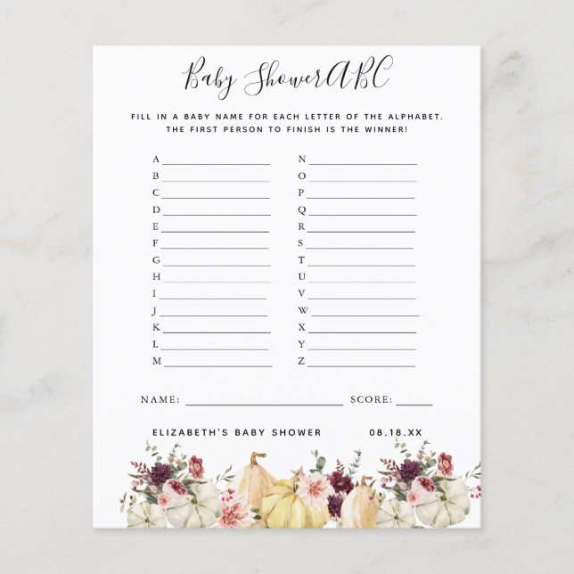 Papier Jeu ABC | Jeu de Baby shower Citrouille floral (Devant)