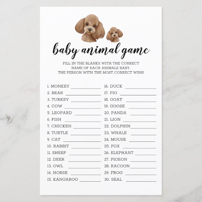 Papier Jeu animal bébé Jeu jouet Brown Poodle Aquarelle (Devant)