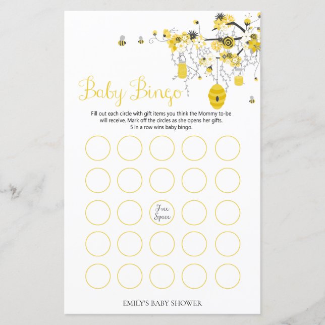 Papier Jeu Baby Shower Abeille - Bingo Bébé (Devant)