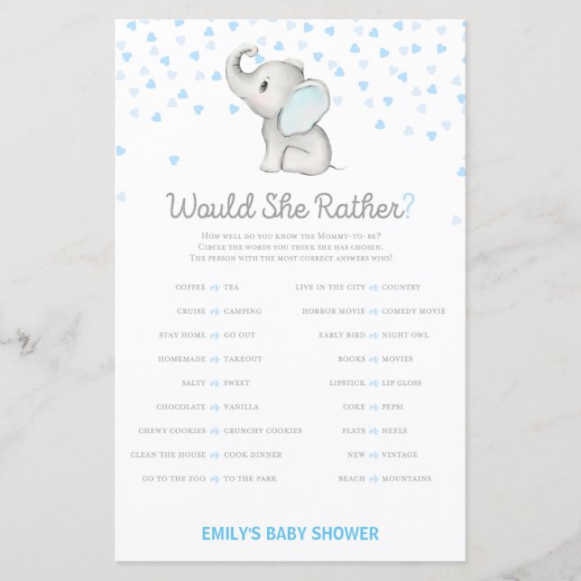 Papier Jeu Baby shower bleu éléphant garçon IMPRIMÉ (Devant)