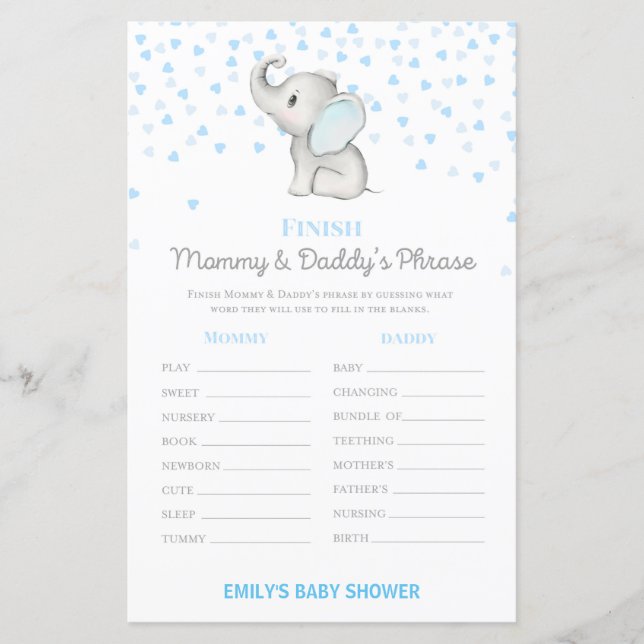 Papier Jeu Baby shower bleu éléphant garçon IMPRIMÉ (Devant)
