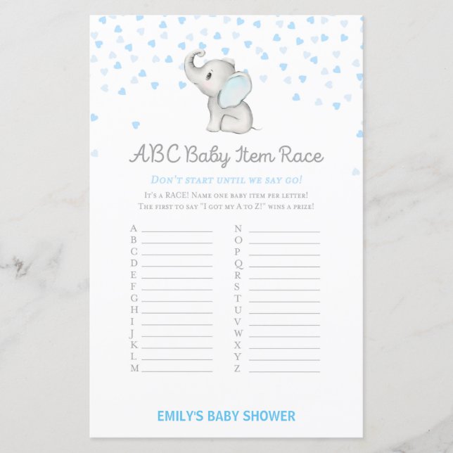 Papier Jeu Baby shower bleu éléphant garçon IMPRIMÉ (Devant)