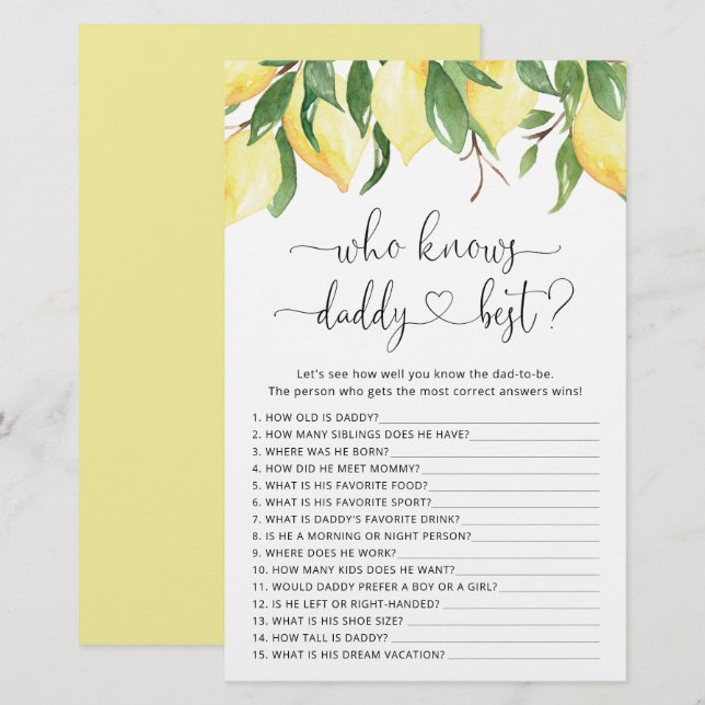 Papier Jeu Baby shower citron aquarelle (Devant / Derrière)