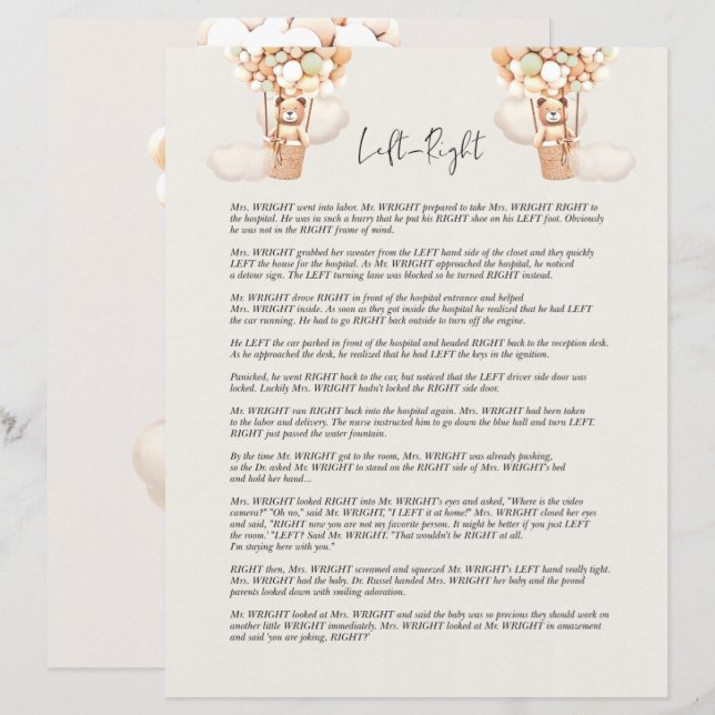 Papier Jeu Baby shower Ours - Gauche Ou Droite? (Devant / Derrière)