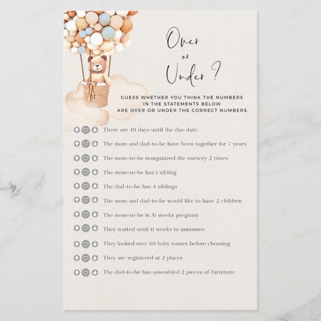 Papier Jeu Baby shower Ours Plus Ou Moins (Devant)