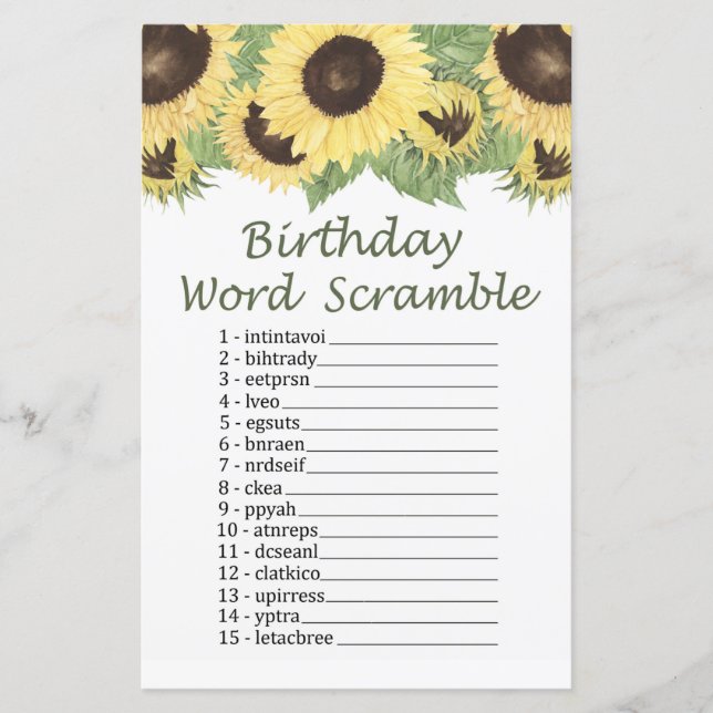Papier JEU D'ANNIVERSAIRE DE tournesol MOT SCRAMBLE (Devant)