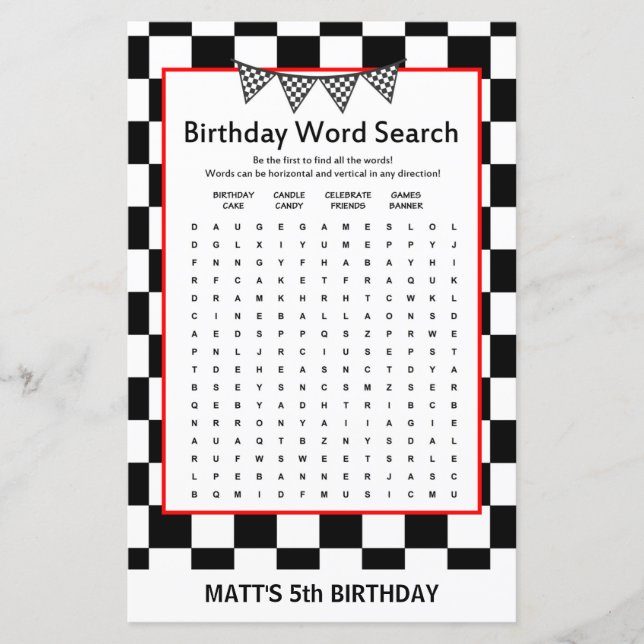 Papier Jeu d'anniversaire de voiture de course IMPRIMÉ (Devant)
