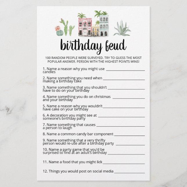 Papier Jeu d'anniversaire Feud avec réponses (Devant)