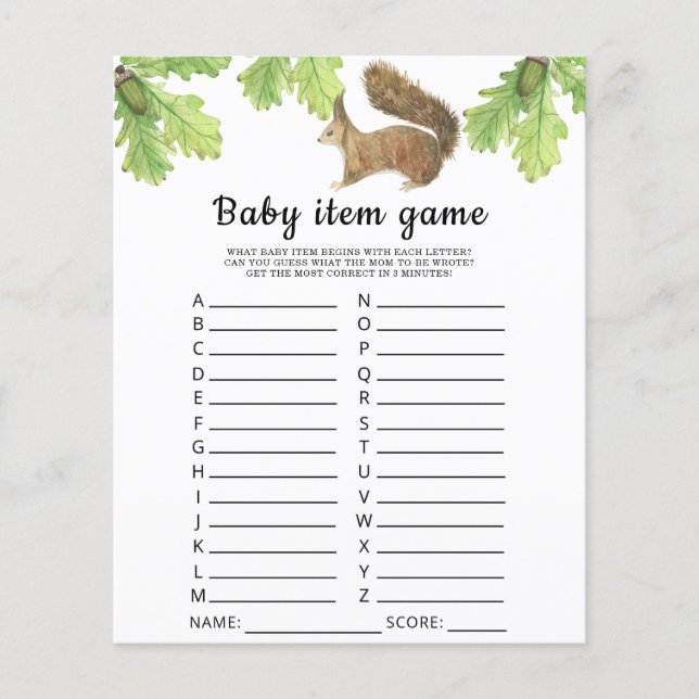 Papier Jeu d'article pour bébé écureuil. Jeu baby shower (Devant)