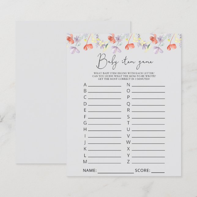 Papier Jeu d'article pour bébé fleur sauvage. Jeu baby sh (Devant / Derrière)