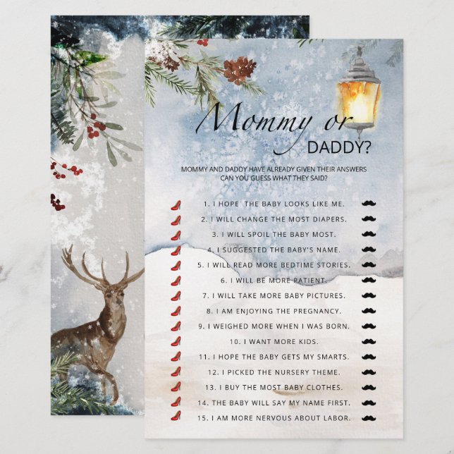 Papier Jeu de baby shower à feuillage persistant maman ou (Devant / Derrière)