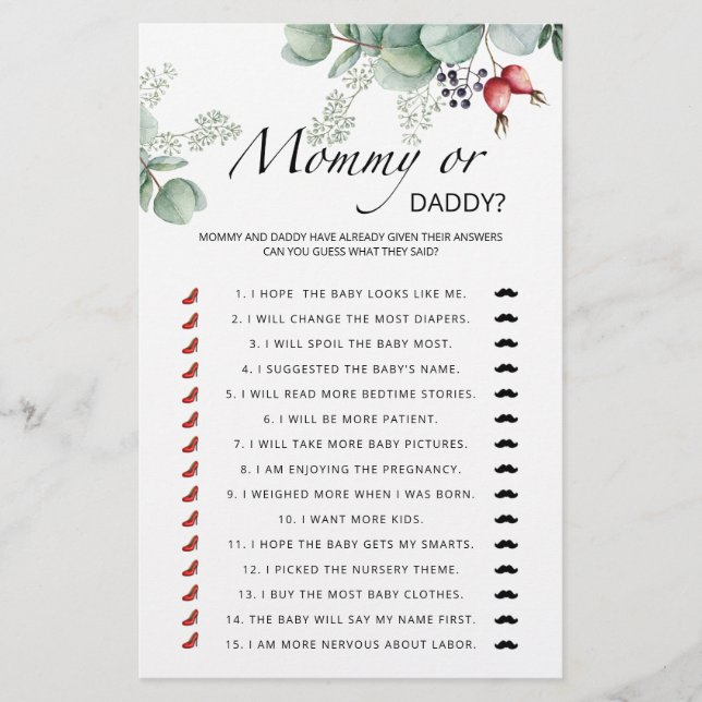 Papier Jeu de baby shower à feuillage persistant maman ou (Devant)