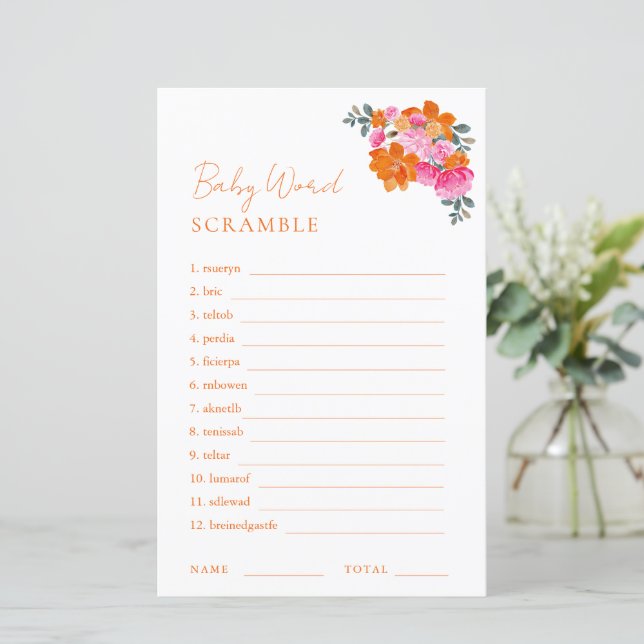Papier Jeu de Baby shower à mots floraux rose orange (Debout devant)