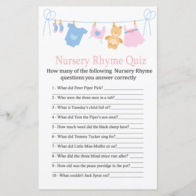 Papier Jeu de baby shower à rime de soins infirmiers Clot (Devant)
