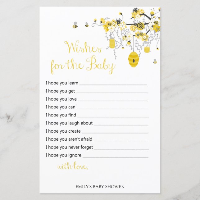 Papier Jeu de Baby Shower Abeille - Vœux pour Bébé (Devant)