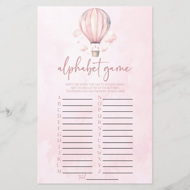 Papier Jeu de Baby Shower Alphabetique Montgolfière Rose (Devant)