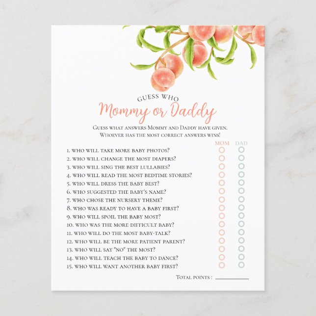 Papier Jeu de baby shower Aquarelle Une douce petite pêch (Devant)