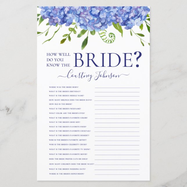 Papier Jeu de Baby Shower avec des Hortensias Bleus pour  (Devant)