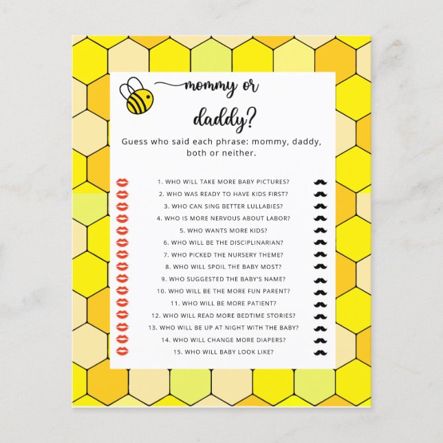 Papier Jeu de baby shower BEE maman ou papa (Devant)