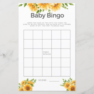 Papier Jeu de Baby Shower Bingo Bébé Tournesols Jaunes