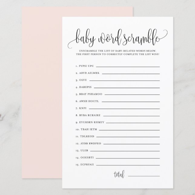 Papier Jeu de Baby shower Black Script Baby Word Scramble (Devant / Derrière)