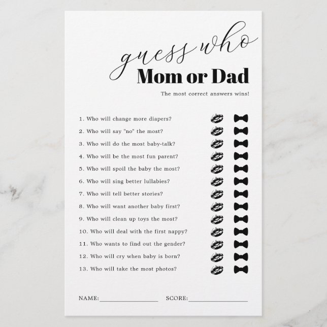 Papier Jeu de Baby shower Black White (Devant)