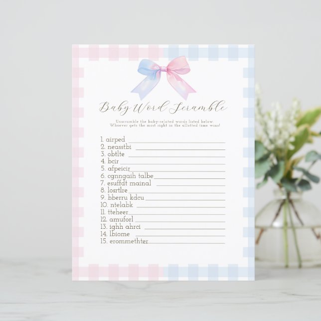 Papier Jeu de baby shower bleu ou rose En vichy Bow (Debout devant)