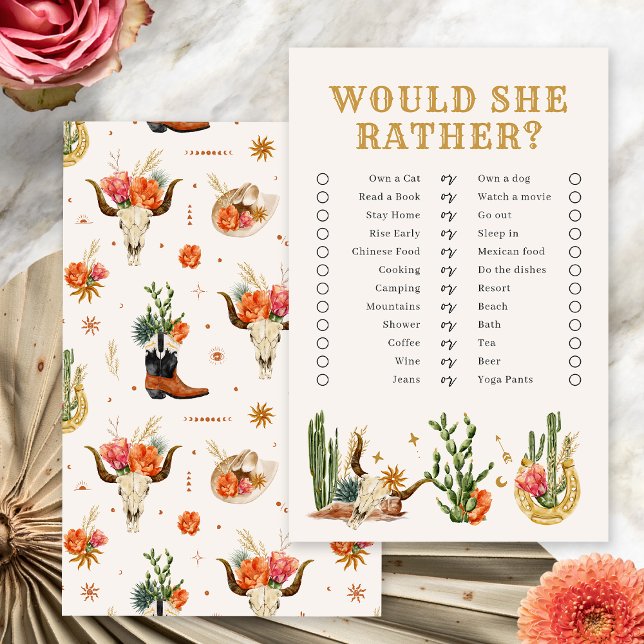 Papier Jeu de Baby Shower Bohème Occidental pour une Mari (Western Boho Bridal Shower Would She Rather? Game by Painted Paperie
)