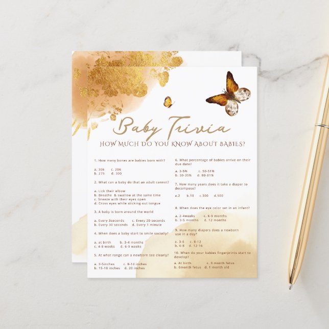 Papier Jeu de baby shower Boho Butterfly Baby Trivia (Devant/Arrière en situation)