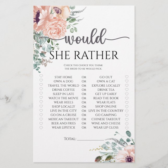 Papier Jeu de baby shower chic rose 'Would she rather'  (Devant)