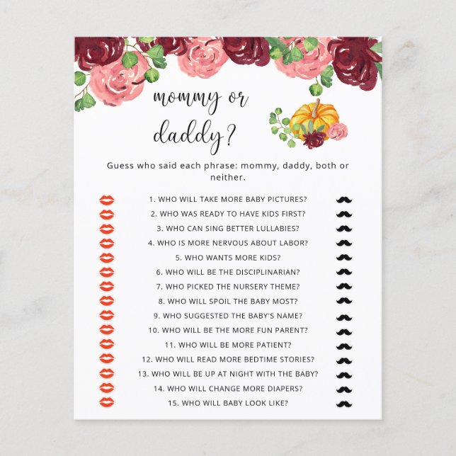 Papier Jeu de baby shower citrouille maman ou papa (Devant)